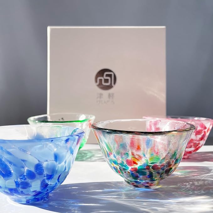 Japanese Handcrafted Sake Glass Set, Artisan Glassware for Cold Sake and Shochu, Made in Japan (Sake Cup Set (4pcs) ??Festival & Nature Series, 1.7 fl oz (50ml))
