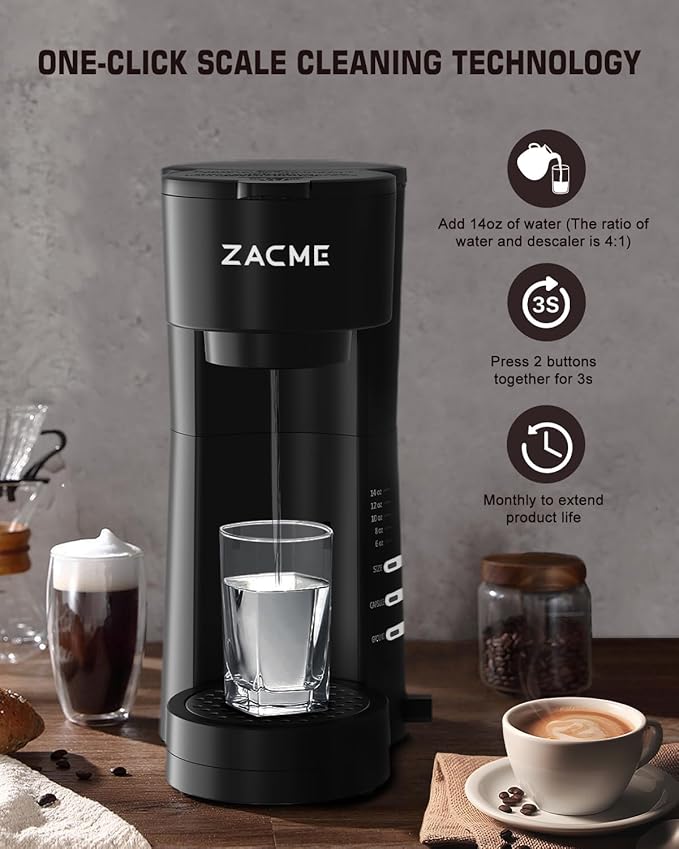 ZACME 4IN1 Single Serve Coffee Maker for K Cup &Ground, Small Coffee Machine with Milk Frother & Grinder, 5 Brew Size, 28oz Water Tank, Adjustable Drip Tray