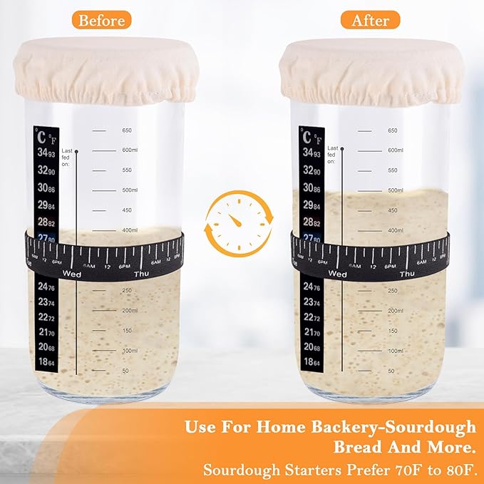 Sourdough Starter Jar, Sourdough Starter Kit With Thermometer, Scraper, Cloth Cover And Metal Lid, 24 Oz Wide Mouth Sour Dough Starter Container Use For Sourdough Bread Baking Supplies(Orange)