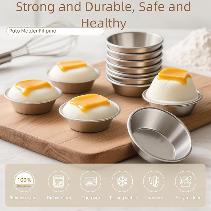 24 Pcs Puto Molder Filipino - 3.1??x 1.2??Reusable Puto Mold Cups for Steamer Filipino - Kutsinta Molder Filipino for Baking & Steaming, 304 Stainless Steel Puto Molde Baking Cup