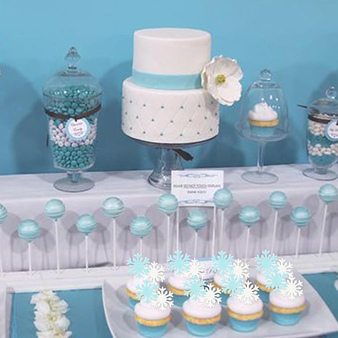 50 PCS Edible Snowflake Cupcake Toppers Edible Snowflake Frozen Cupcake Toppers Wafer Paper Frozen Party Decorations for Christmas Frozen Theme Birthday Party Cake Decorations Supplies Blue and White