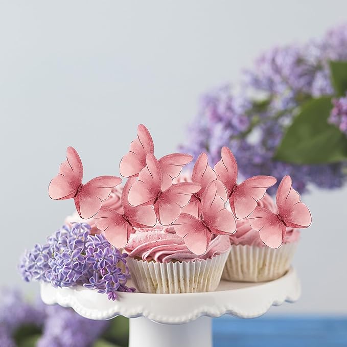 48PCS Edible Cupcake Toppers - Wafer Paper Edible Butterfly Cake Decorations for Butterfly Theme Baby Shower Birthday Wedding Party Supplies - Pink