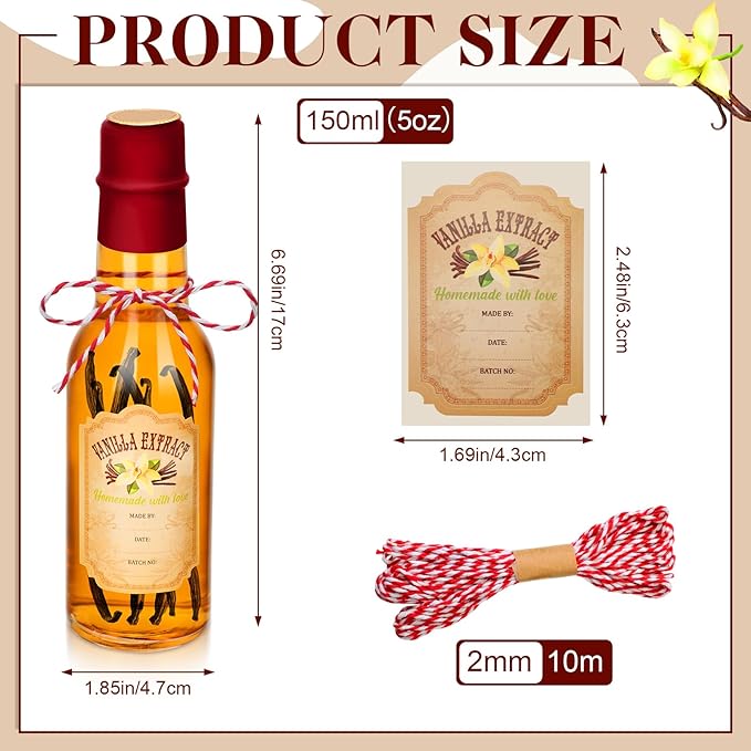 Tioncy 16 Pcs Vanilla Extract Bottles for Homemade Vanilla Jar Glass Bottle with Cap, Shrink Band, Sticker Syrup Gift Food Storage Canister for Bean Sauce Spice(Red,5 oz)