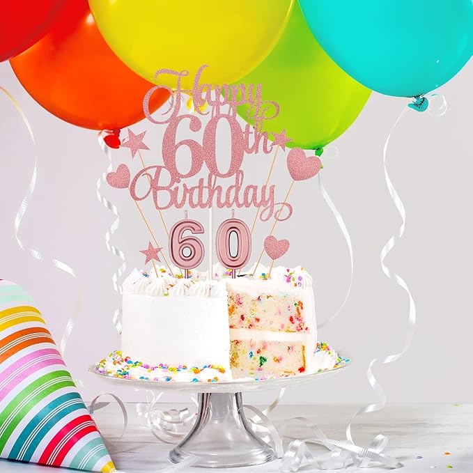 60th Birthday Cake Decorations Set Include 60th Birthday Candles Numeral 60 Cake Candles and Happy 60th Birthday Cake Toppers with Heart Star Cupcake Picks for Birthday Party (Rose Gold Series)