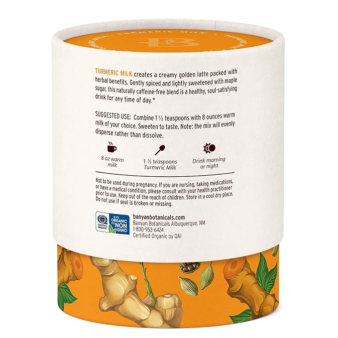 Banyan Botanicals Turmeric Milk ??Organic Turmeric Latte Mix with Ashwagandha & Cardamom ??Instant Caffeine Free Golden Milk with Maple Sugar ??4.3 oz, 26 servings ?“Non GMO Sustainably Sourced Vegan