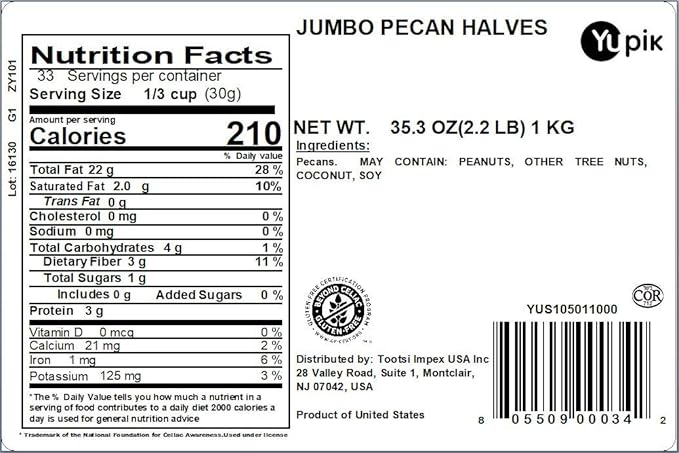 Yupik Jumbo Pecans, Halves, 2.2 lb (35.2 oz), Kosher, Gluten-Free, Raw Nuts, Half Pieces, Unsalted, Unroasted, Oil-Free, Crunchy, Source of Fiber, Healthy Snacks, Ideal for Baking & Cooking