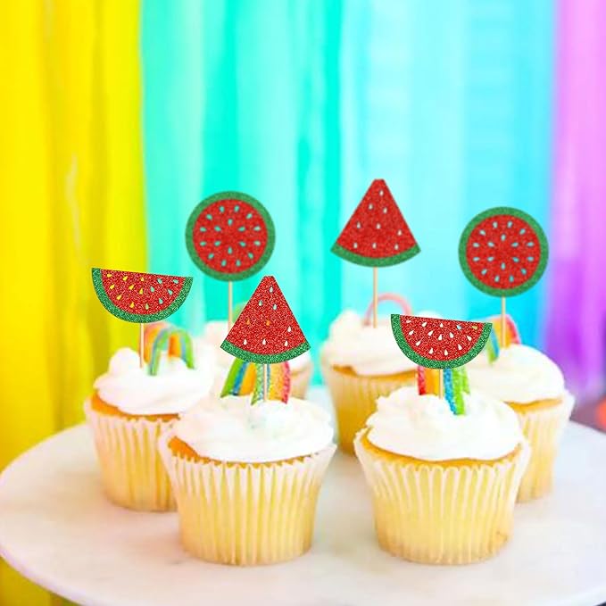24 Pcs Watermelon Cupcake Toppers Glitter Tropical Summers Kids Happy Birthday Cake Toppers Picks Watermelon Baby Shower Cake Decorations