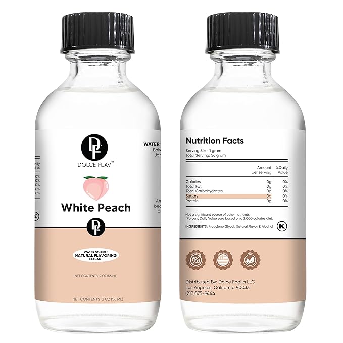 Dolce Flav Natural White Peach Extract 2 oz ??Kosher, Sugar-Free, Concentrated Sweet White Peach Flavoring for Beverages, Desserts & Baking, Includes Measured Dropper