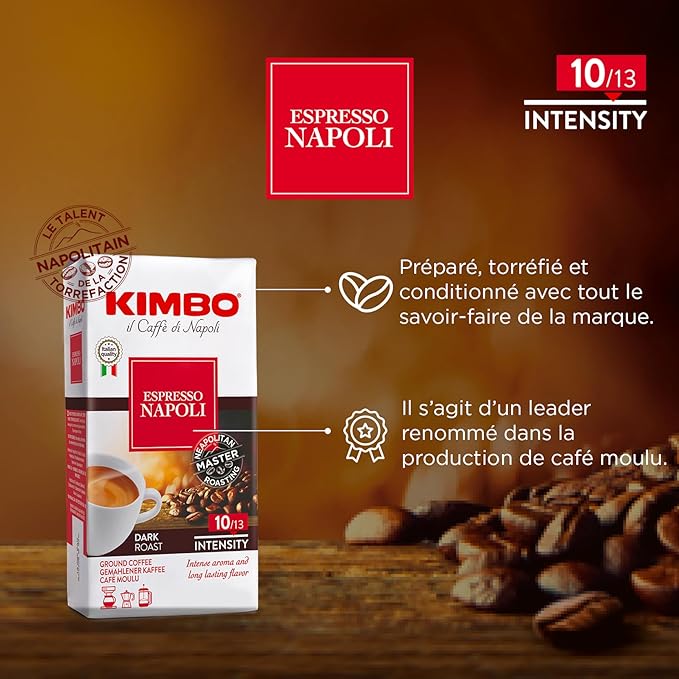 Kimbo Espresso Napoli Ground Coffee | Dark Roast | Intense Aroma & Long Lasting Flavor | 10/13 Intensity | 8.8 oz (250g) Brick