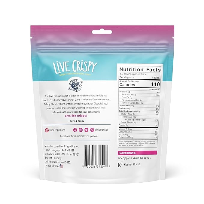 Live Crispy Fruit Chips - Pineapple-Powered Snack Packed with 100% Natural Fruit - Antioxidant-Rich, Vitamin-Packed (Coconut/Pineapple) 2 Pack