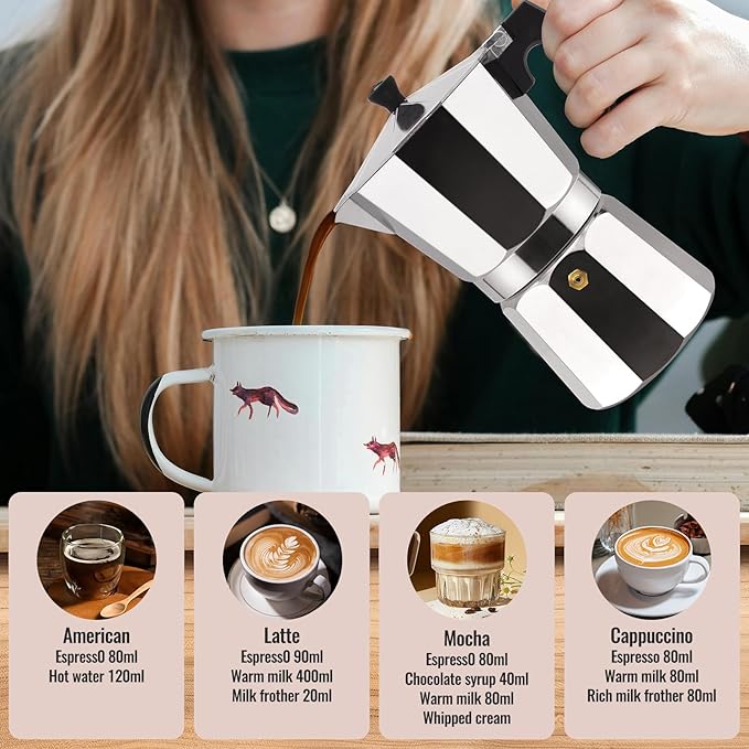 2 Cup Aluminum Moka Pot Classic Stovetop Espresso Coffee Maker 100ml 3.4oz Coffeemaker Percolator Mocha Pot Greca Coffee Maker Cafe Makers for Italian and Cuban Cafì±?Brewing Silver