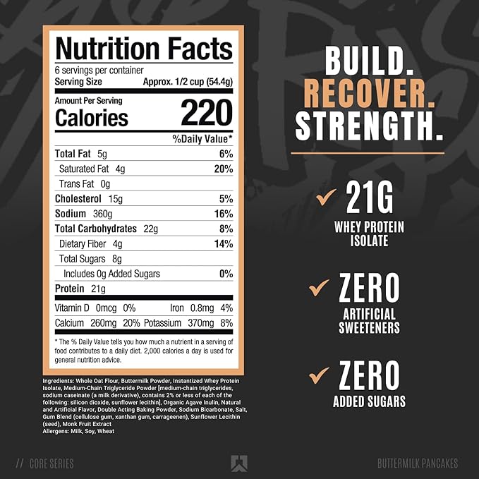 RYSE Loaded Protein Pancake & Waffle Mix - Buttermilk - Naturally Sweetened Breakfast with 21g Protein, 3g MCTs and 2g Fiber - No Added Sugar - High Protein Snack for Clean Energy - 6 Servings
