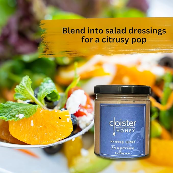 Cloister Honey Whipped Honey - Tangerine (9 oz) | Hand Crafted | Raw Artisan Honey | 100% Pure, Raw & Unfiltered | All Natural | Made in USA |