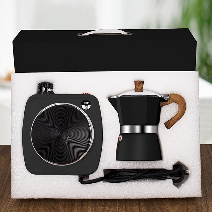 2-in-1 Moka Pot Espresso Set with Electric Stove 3 Cup Aluminum Stovetop Coffee Maker Percolator Italian Classic Mocha Coffee Machine for Italian and Cuban Cafe Brewing Portable Camping Black