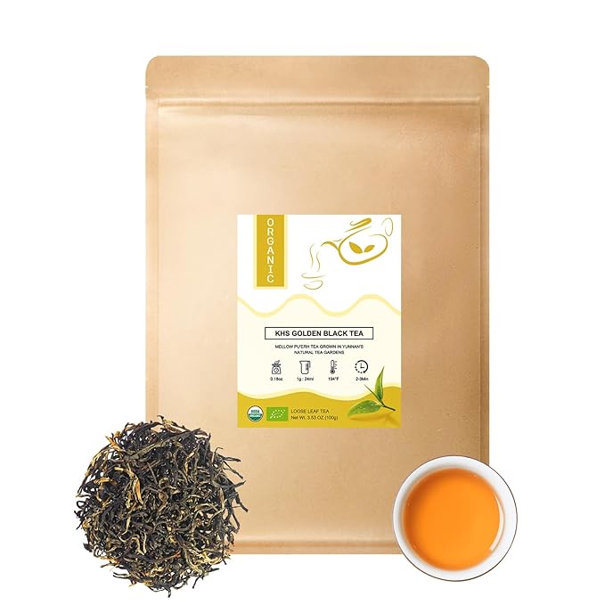Organic Gold Loose Leaf, USDA Certified Organic Black Tea Loose Leaf, No Dust Production Workshop, Chinese Yunnan Ancient Tree Golden Tea Perfect for Hot Brew, 3.5 Oz