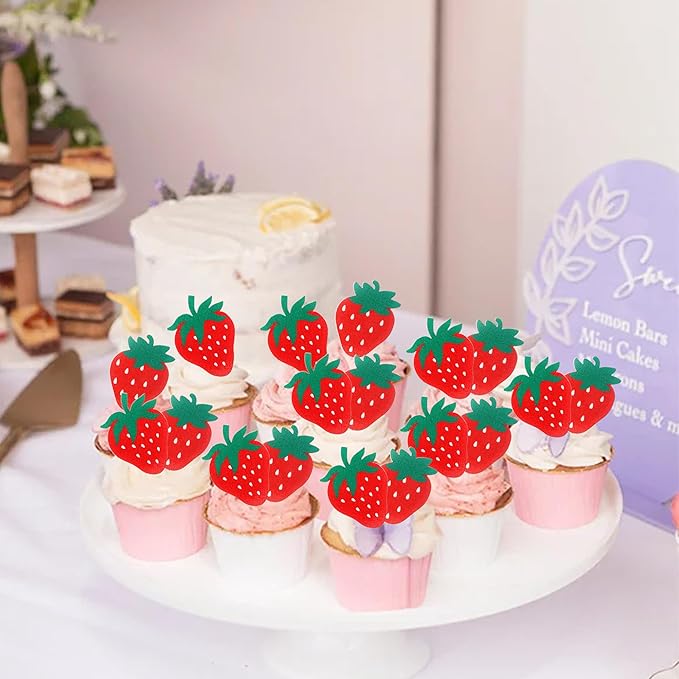 60 PCS Edible Strawberry Cupcake Toppers Wafer Paper Sweet Berry Cupcake Picks Edible Strawberry Cupcake Decorations for Baby Shower Wedding Birthday Party Cake Food Decorations Supplies