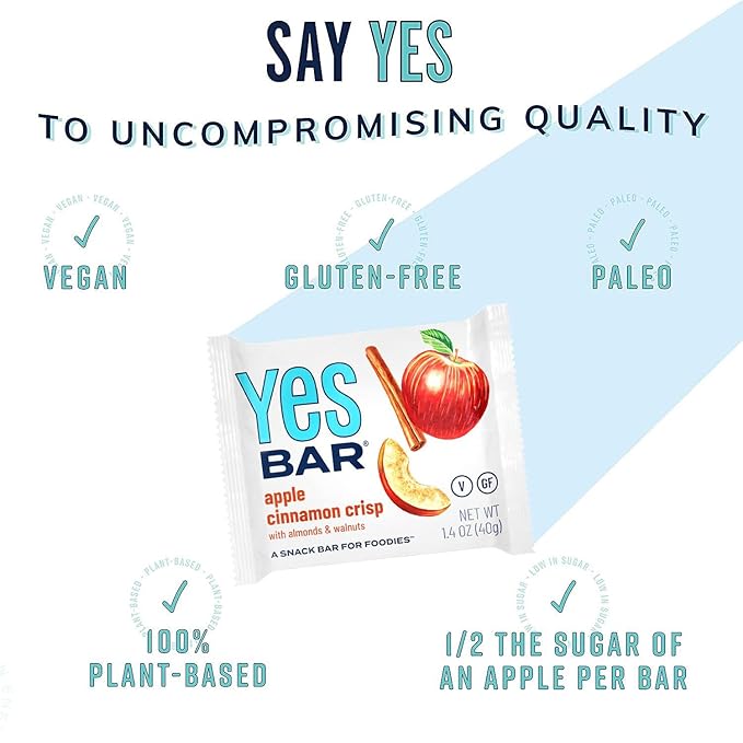 The YES Bar ??Apple Cinnamon Crisp ??Plant Based Protein, Decadent Snack Bar ??Vegan, Paleo, Gluten Free, Dairy Free, Low Sugar, Healthy Snack, Breakfast, Low Carb, Keto Friendly (24 Count)