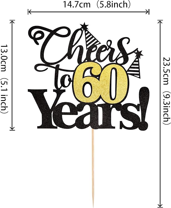 Rsstarxi 1 Pack Cheers to 60 Years Cake Topper Black Glitter Sixty Years Old 60th Birthday Cake Pick Decorations for 60th Birthday Wedding Anniversary Party Supplies