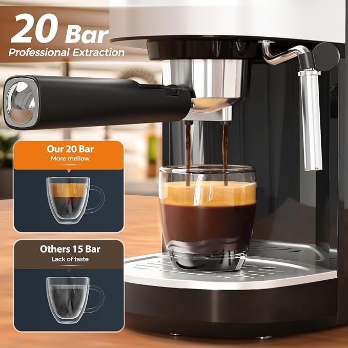 Espresso Machine 20 Bar, Professional Compact Stainless Steel Coffee Maker with LCD Display, Steam Wand, 45oz Removable Water Tank, for Espresso, Cappuccino, Latte at Home or Office