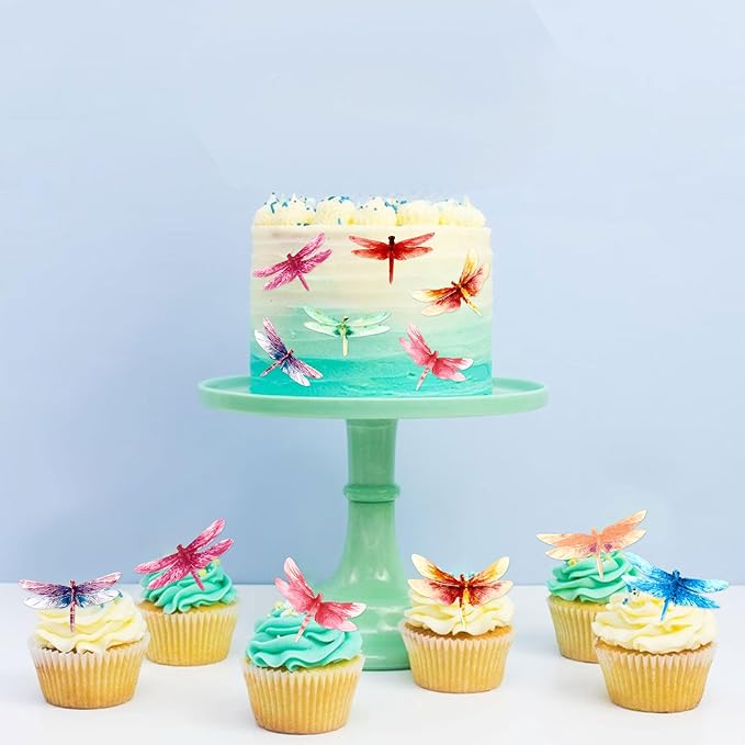 45PCS Edible Dragonfly Cupcake Toppers Wafer Paper Insect Themed Cake Decoration Drink Topper Wedding Baby bath Cake Decorations Garden Decorations Birthday Party Decoration Supplies