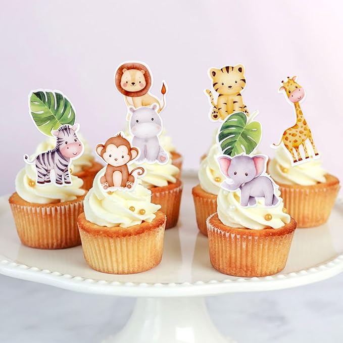 40Pcs Edible Jungle Safari Animal Theme Cupcake Toppers Wafer Paper Jungle Safari Animal Cupcake Toppers Drink Topper Dessert Muffin Cake Picks Cake Decoration for Children Birthday Party Decoration