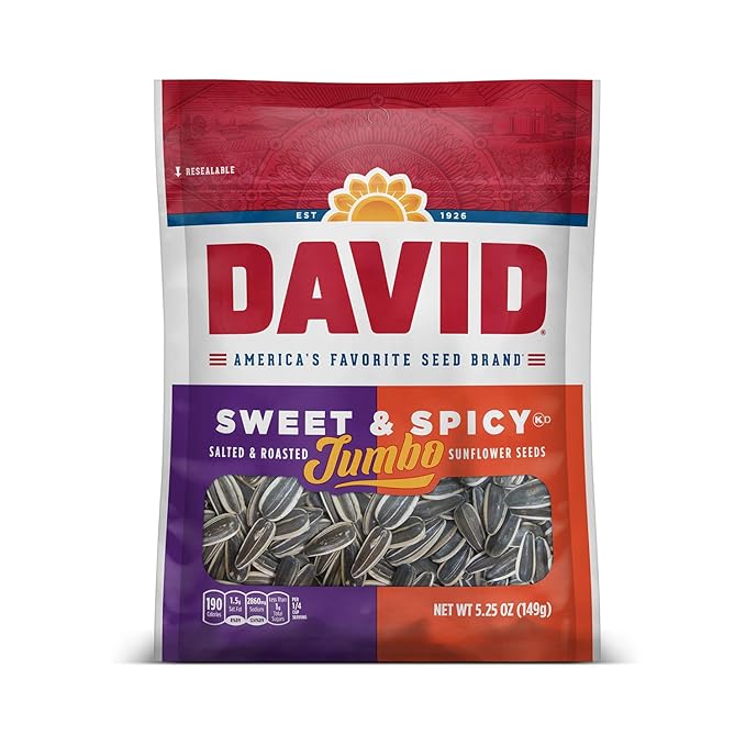 DAVID Roasted and Salted Jumbo Sunflower Seeds, Sweet and Spicy Flavor, 5.25oz.
