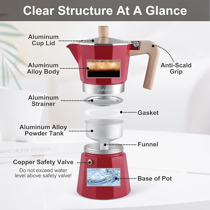 Sivaphe Aluminum Moka Pot 3 Espresso Cups, Percolator Espresso and Coffee Maker, Portable Stovetop Italian and Cuban Cafì±?Brewer for Home and Camping Red