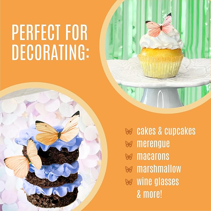 Sugar Robot Edible Butterflies for Cake Decorating - Small Pastel Orange Butterfly Cake Toppers and Cupcake Toppers - Decoration Made in the USA - Premium Crafted (Orange)