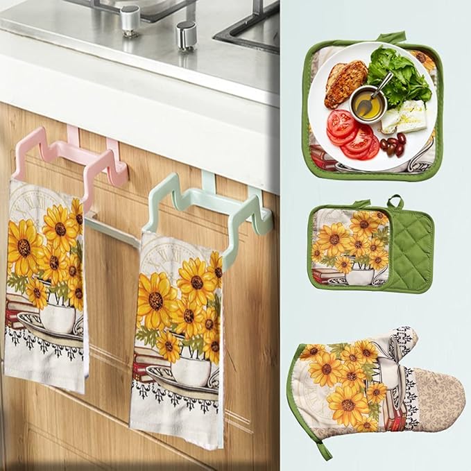Lobyn Value Packs: Bright Sunflower 5-Piece Kitchen Set ??2 Soft Terry Dish Towels and 2 Quilted Potholders & 1 Oven Mitt for Everyday Use