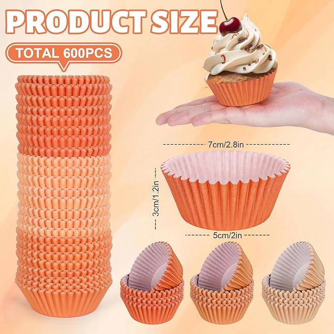 Whaline 600Pcs Terracotta Cupcake Liners Fall Color Orange Baking Cups Gradient Color Cupcake Wrappers Muffin Liners for Birthday Wedding Bridal Shower Autumn Thanksgiving Party Supplies Decor