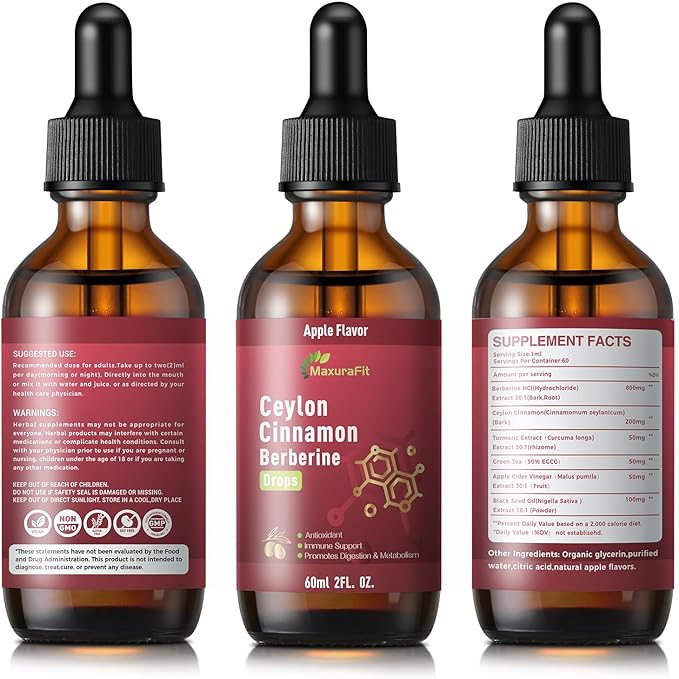 2 Pack Ceylon Cinnamon Berberine Bitter Liquid Drops Supplement with Turmeric,Green Tea,Apple Cider Vinegar,Black Seed Oil for Immune System & Digestive System Supports 4 FL OZ