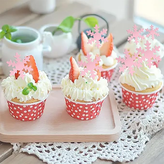 Rsstarxi 50 Pack Pink Edible Snowflake Cake Decorations Snowflakes Cupcake Toppers Winter Frozen Snowflake Cake Decorations for Baby Shower Kids Birthday Winter Party Decorations