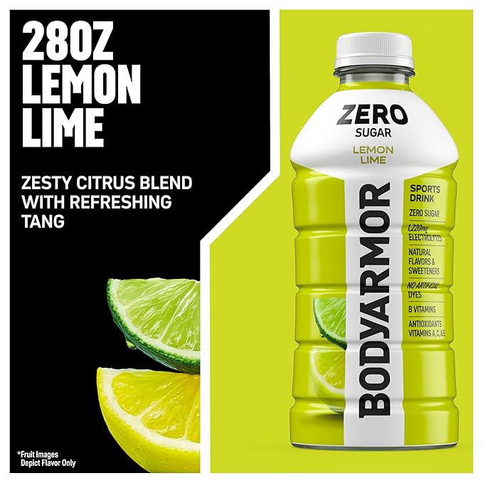 BODYARMOR ZERO Sugar Lemon Lime, Sugar Free Sports Drink - Low-Calorie Hydration - Natural Flavors with Potassium Packed Electrolytes, Antioxidants, and B-vitamins, 28 fl oz (Pack of 15)