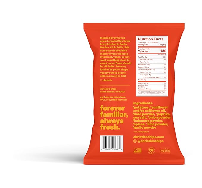Christie's Chips Sweet & Spicy Habanero - Super Natural Potato Chips - Sweetened with Dates, No Refined Sugar, Vegan, Gluten-Free, All-Natural - Bold, Spicy Kick - 100% Plant-Based - 5 oz - 6 Pack