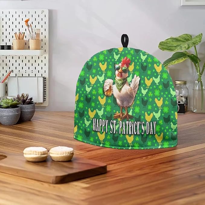 St. Patrick's Tea Cozy Decorative Insulated Tea Cosy with Top Handle Stain Resistant Durability Rooster Chick Clover Teapot Cover Resuable Teapot Lids for Housewife, Friend, Mom, Family