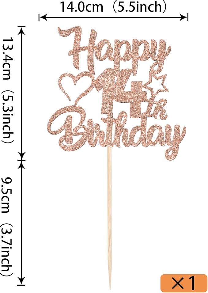1 Pack Happy 14th Birthday Cake Topper Glitter Heart Star 14 Fabulous Cake Pick Birthday Sign Cake Decorations for 14th Birthday Theme Party Supplies Rosegold