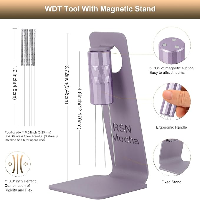 WDT Tool Espresso Distribution Tool,Coffee Distribution Tool with Magnetic Stand, Espresso Accessories with 6 Extra ??.25mm Stainless Steel Needles for Barista (Chalk Violet, ??.25mm)