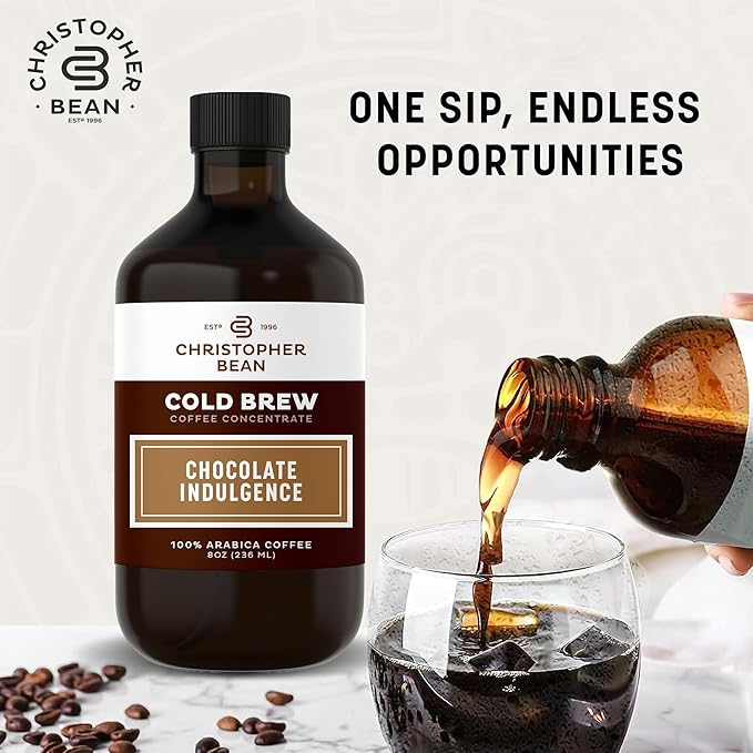 Christopher Bean Hand Crafted Chocolate Indulgence Flavored Coffee - Unsweetened Cold Brew & Iced Instant Coffee Distillate Liquid Java - Indulgence Coffee Beans Extract 100% Arabica, (8-Ounce), 236 ml