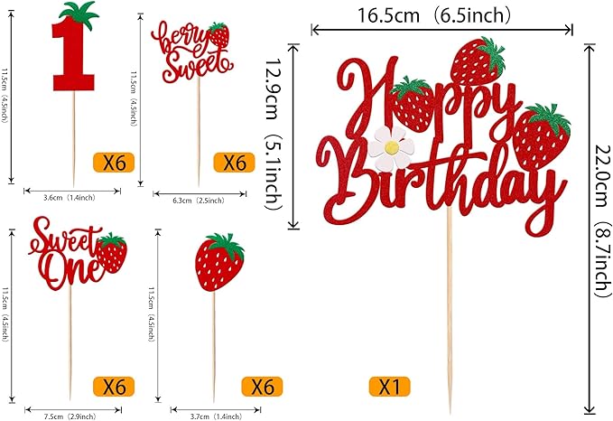 25 Pack Sweet One Cupcake Toppers Glitter First Birthday Strawberry Cupcake Picks for Fruit Baby Shower 1st Birthday Berry Sweet Cupcake Decorations Party Supplies Red