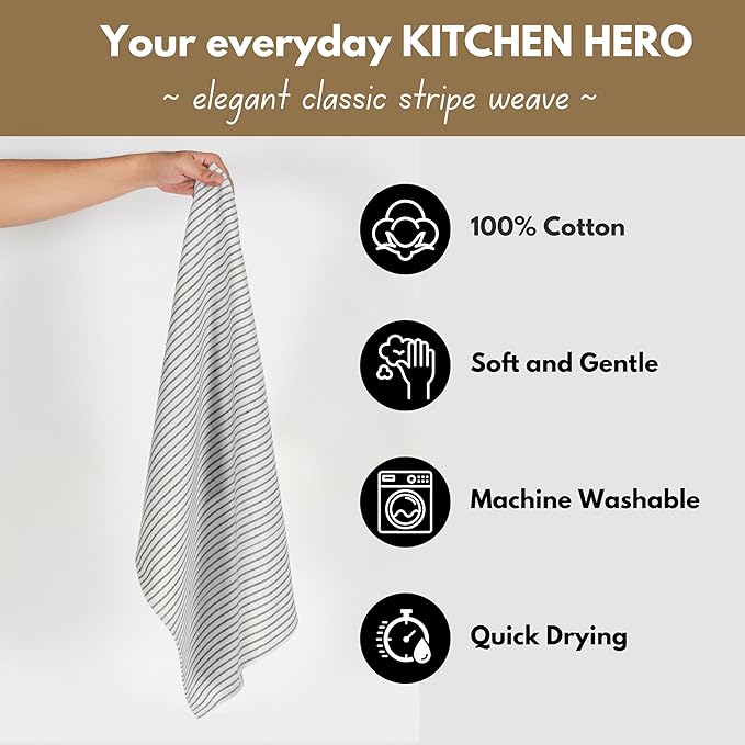 Native Fab 4 Pack Farmhouse Stripe Kitchen Dish Towels Cotton Super Absorbent Quick Drying Reusable 18x26 Inches - Bar Hand Towels, Kitchen Cleaning Towels with Hanging Loop, Milenna Black