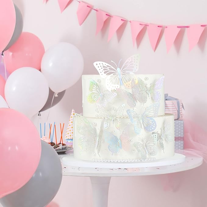 Gyufise 36 Pack Silver Laser 3D Butterfly Cupcake Toppers Hollow Cake Decorations for Birthday Wedding Fairy Party Wall Sticker Decal