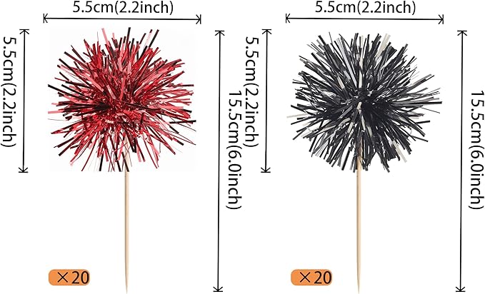 40 PCS Foil Firework Cupcake Toppers Sparkle Tinsel Cupcake Picks Fireworks Birthday Party Decorations Cocktail Fruit Toothpick for Birthday Wedding Graduation Party Decorations Supplies Black Red