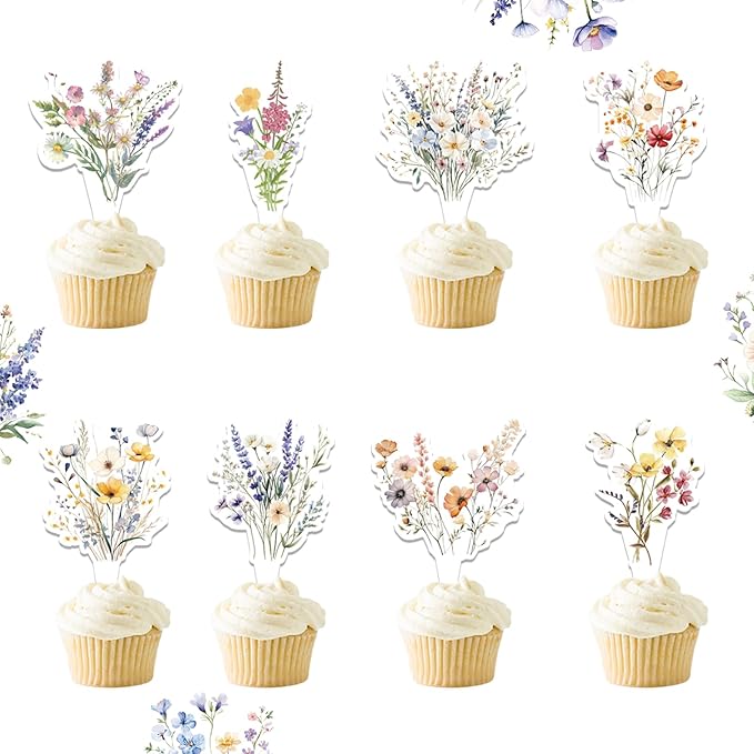 40Pcs Floral Wildflower Cupcake Toppers - Wildflower Birthday Baby Shower Baby in Bloom Party Supplies Cake Decorations for Girls and Women