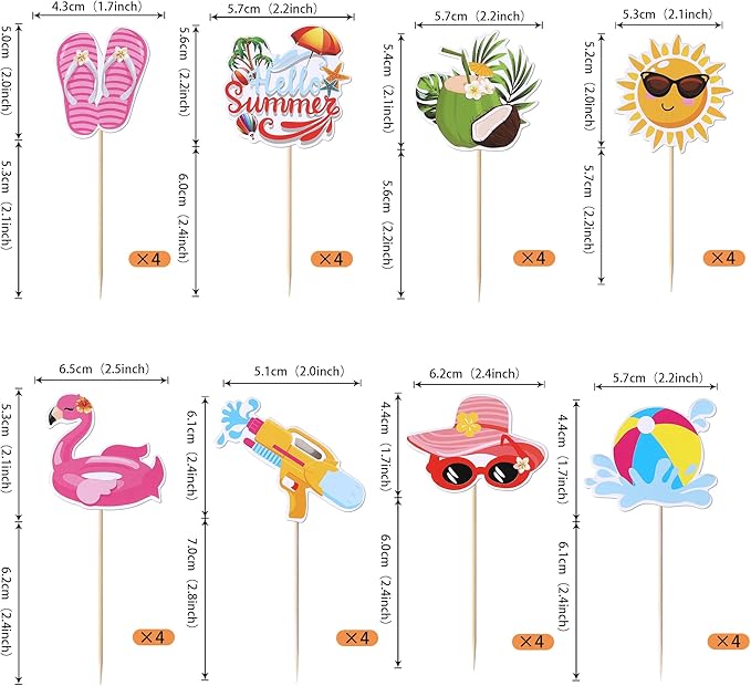 Rsstarxi 32 Pack Summer Beach Cupcake Toppers with Ball Sun Umbrella Water Gun Slippers Cupcake Picks Hello Hawaiian Cake Decorations for Baby Shower Hawaiian Summer Pool Themed Party Decor