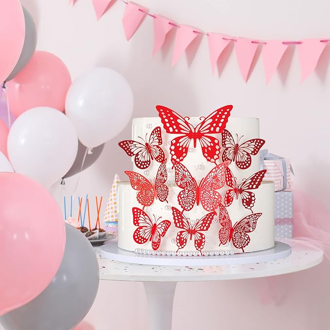 Gyufise Metallic Red Butterfly Cupcake Toppers Hollow Art 3D Butterfly Cupcake Decorations Baby Shower Wedding Anniversary Kids Birthday Party Cake Wall Decorations Supplies 36Pcs