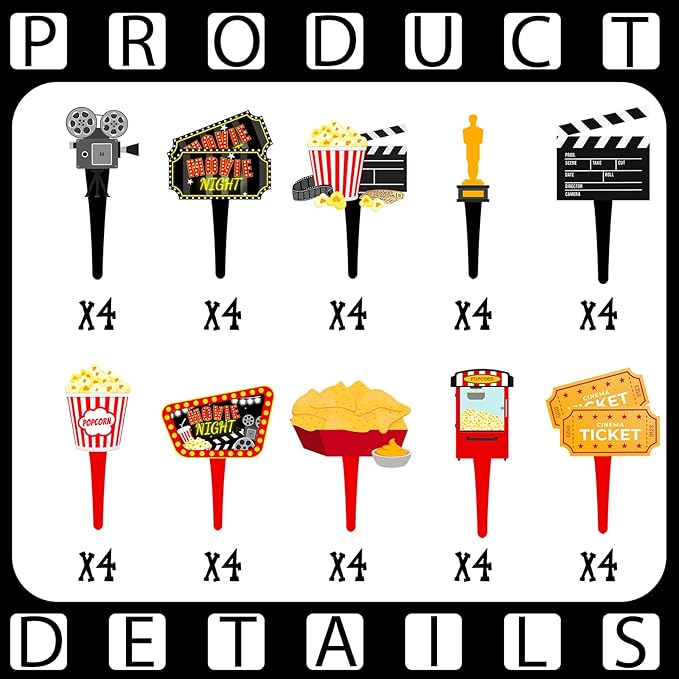 40 Pcs Movie Night Cupcake Toppers - Perfect Party Decorations for Birthdays, Hollywood Baby Showers, and Themed Cakes