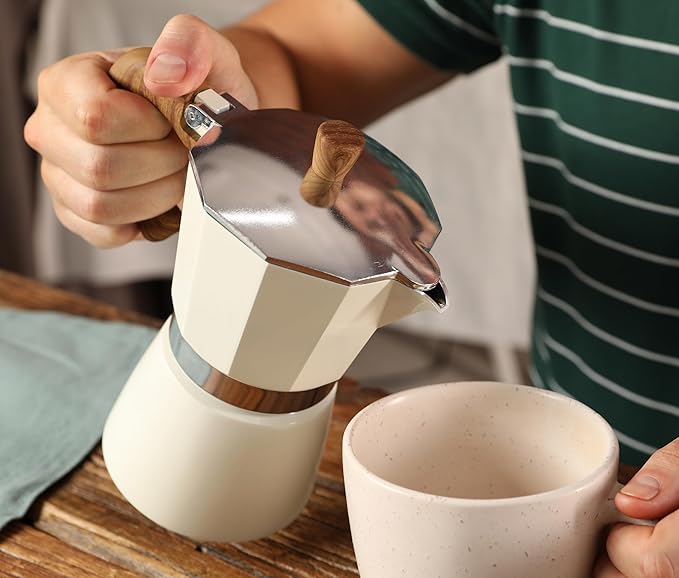 AGOGO Milano Moka Pot, Stovetop Espresso Maker, Greca, Coffee Percolator, Turkish Coffee Maker with Paper Filter, 6 Cup, Cream Color