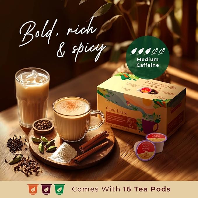 Gya Tea Co Chai Latte Tea Gift Set (16 ct) - High Caffeine Tea Pod with Milk Coconut for Refresh & Energy