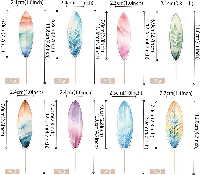 40 Pack Surfboard Cupcake Toppers Double Sided Surfboard Palm Tree Coconuts Cupcake Picks Holiday Beach Surf Cake Decorations for Summer Beach Theme Baby Shower Birthday Party Supplies