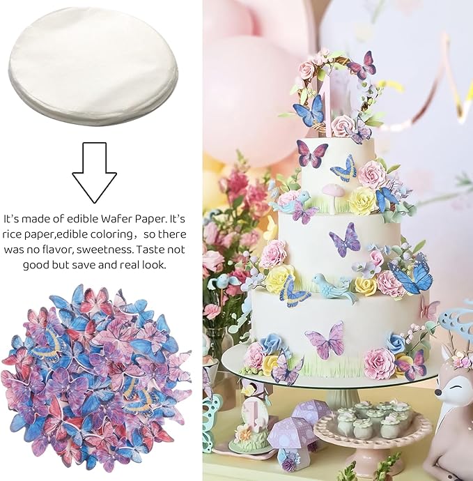 Morofme 40Pcs Wafer Paper Butterfly Cupcake Toppers Edible Butterflies Cake Decorations Butterflies Themed Cake Toppers Mixed Sizes for Birthday Baby Shower Party